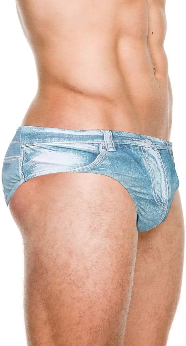 PJ PAUL JONES Men's Swim Brief Denim Print Swim Trunks Drawstring Waist Swimsuit Bikini Briefs