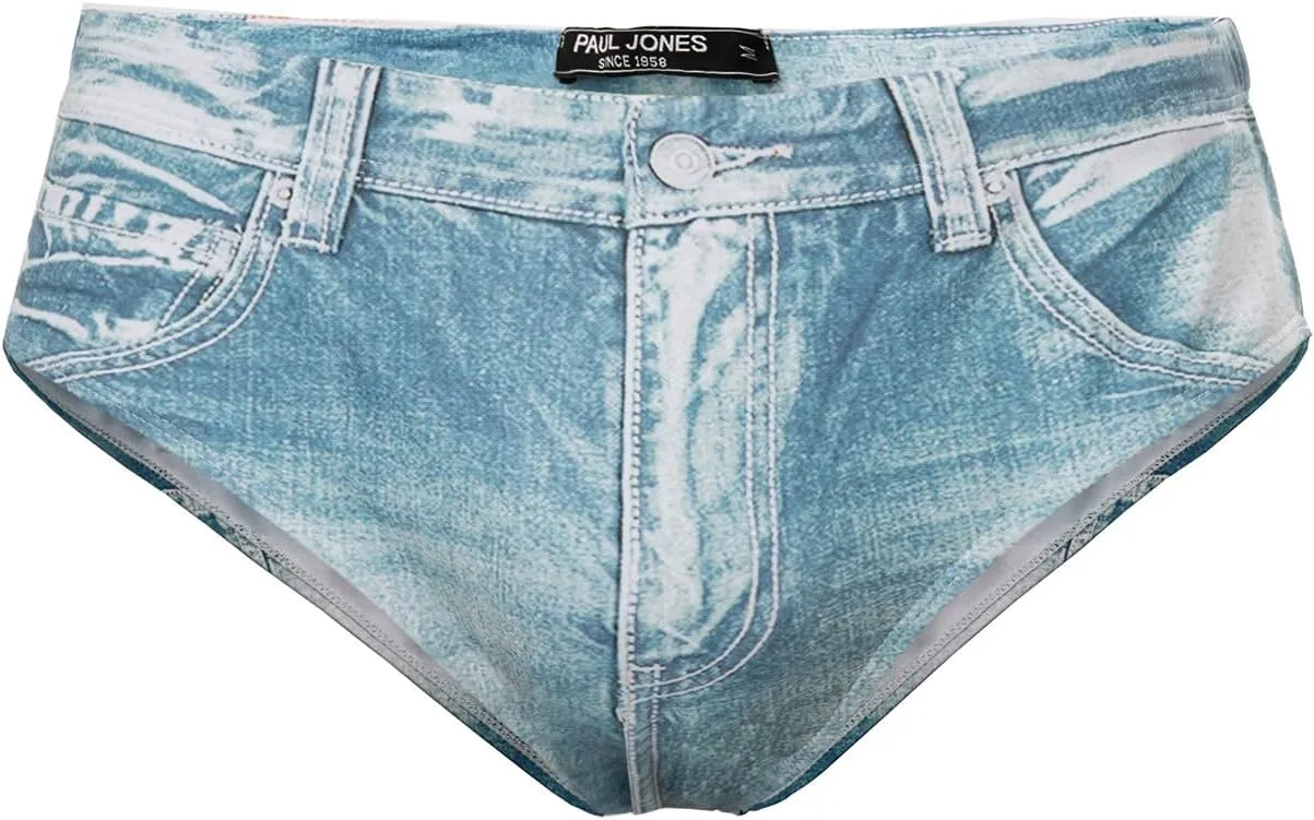 PJ PAUL JONES Men's Swim Brief Denim Print Swim Trunks Drawstring Waist Swimsuit Bikini Briefs