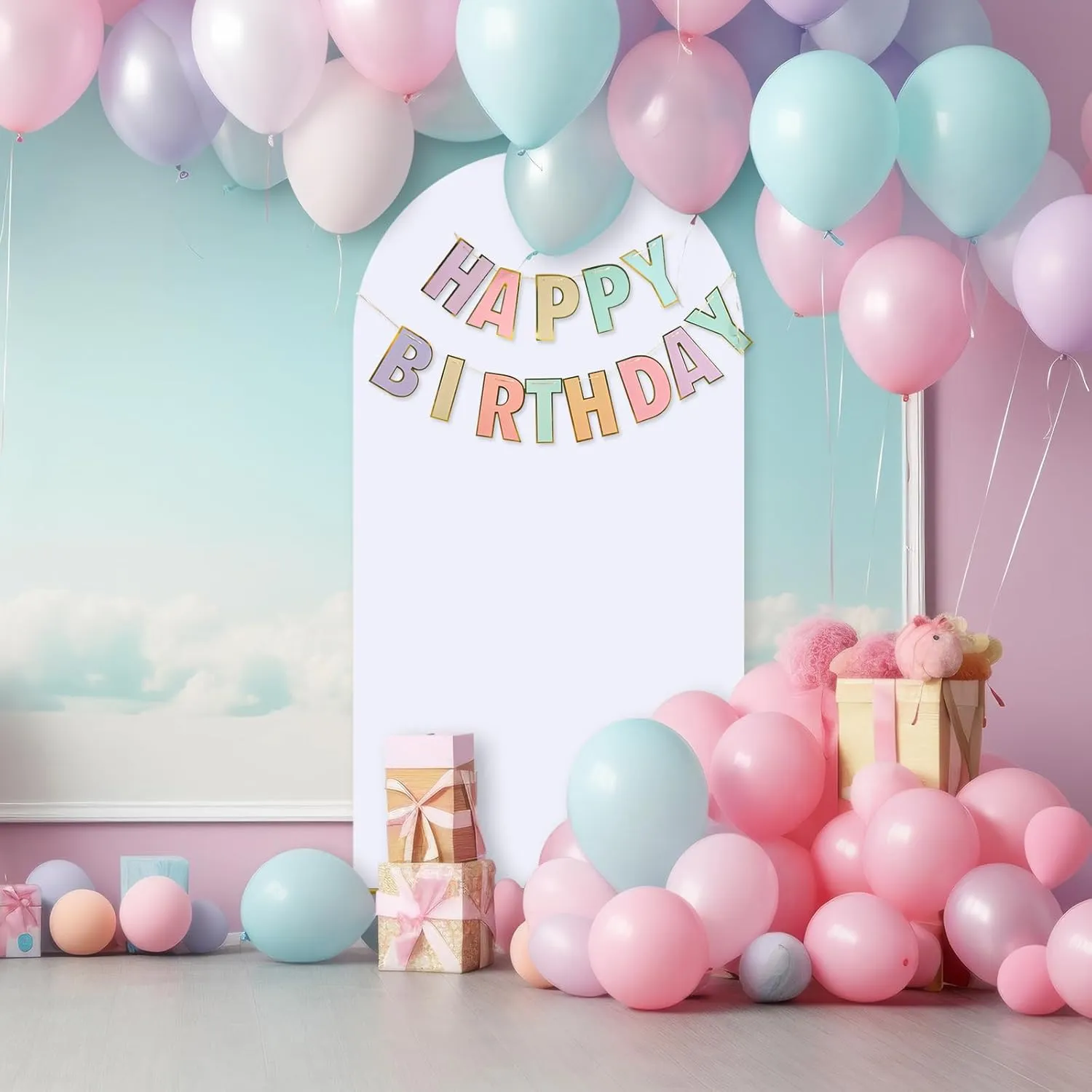 PLULON Arch Backdrop Stand with Wedding Spandex Arch Cover 7.2FT Wedding Square Arch Frame Metal Balloon Arch Stand for Birthday Baby Shower Bridal Banquet Ceremony Decoration (White Cover, 7.2FT)