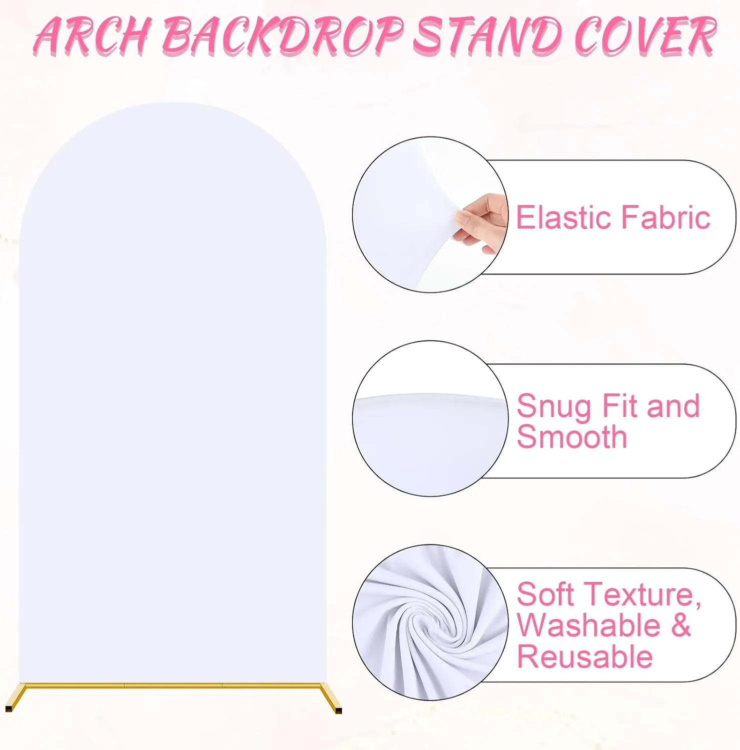 PLULON Arch Backdrop Stand with Wedding Spandex Arch Cover 7.2FT Wedding Square Arch Frame Metal Balloon Arch Stand for Birthday Baby Shower Bridal Banquet Ceremony Decoration (White Cover, 7.2FT)