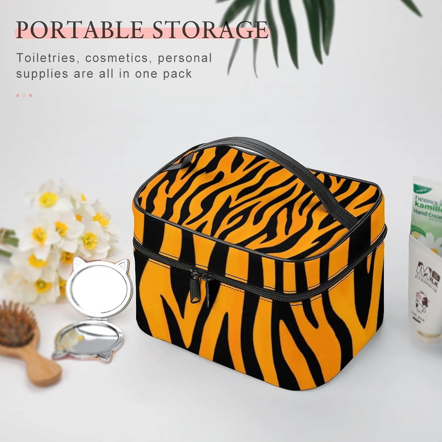 Portable Makeup Bag with Zipper Pouch, Animal Print Tiger Stripe Cosmetic Case Large Capacity Travel Makeup Case Organizer Toiletry Brushes Storage Bag