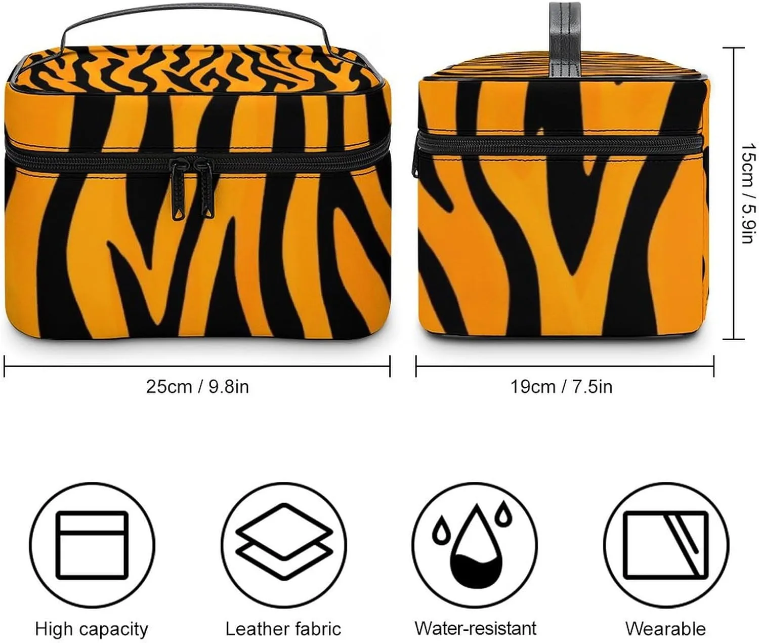 Portable Makeup Bag with Zipper Pouch, Animal Print Tiger Stripe Cosmetic Case Large Capacity Travel Makeup Case Organizer Toiletry Brushes Storage Bag