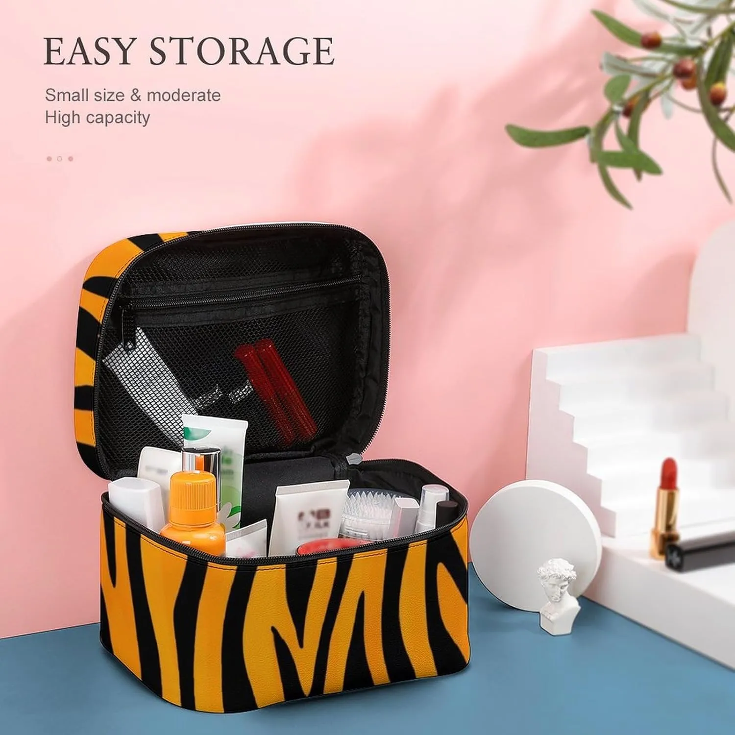 Portable Makeup Bag with Zipper Pouch, Animal Print Tiger Stripe Cosmetic Case Large Capacity Travel Makeup Case Organizer Toiletry Brushes Storage Bag
