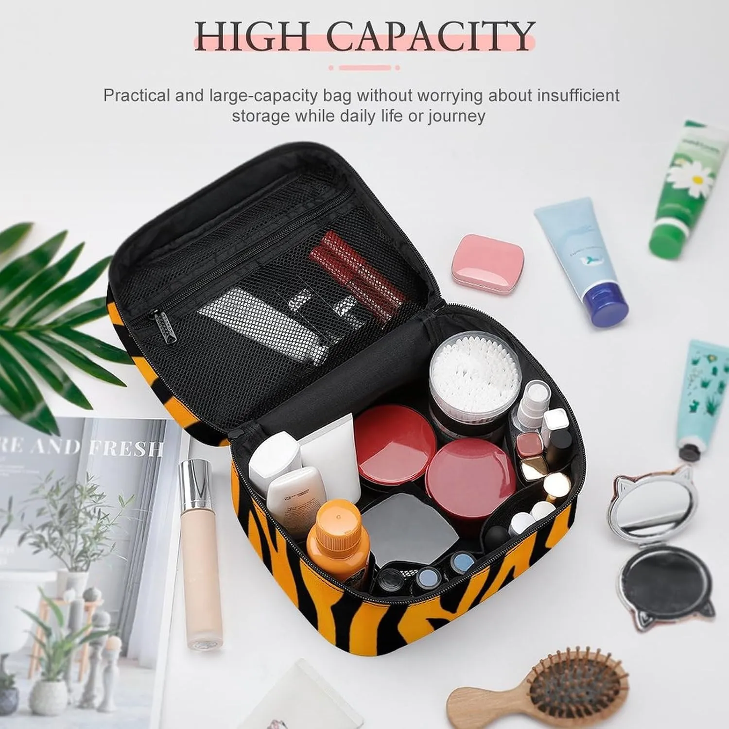 Portable Makeup Bag with Zipper Pouch, Animal Print Tiger Stripe Cosmetic Case Large Capacity Travel Makeup Case Organizer Toiletry Brushes Storage Bag