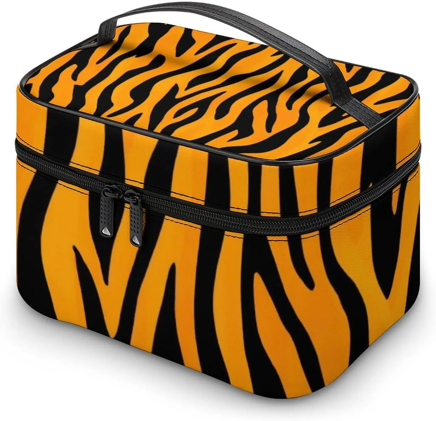 Portable Makeup Bag with Zipper Pouch, Animal Print Tiger Stripe Cosmetic Case Large Capacity Travel Makeup Case Organizer Toiletry Brushes Storage Bag