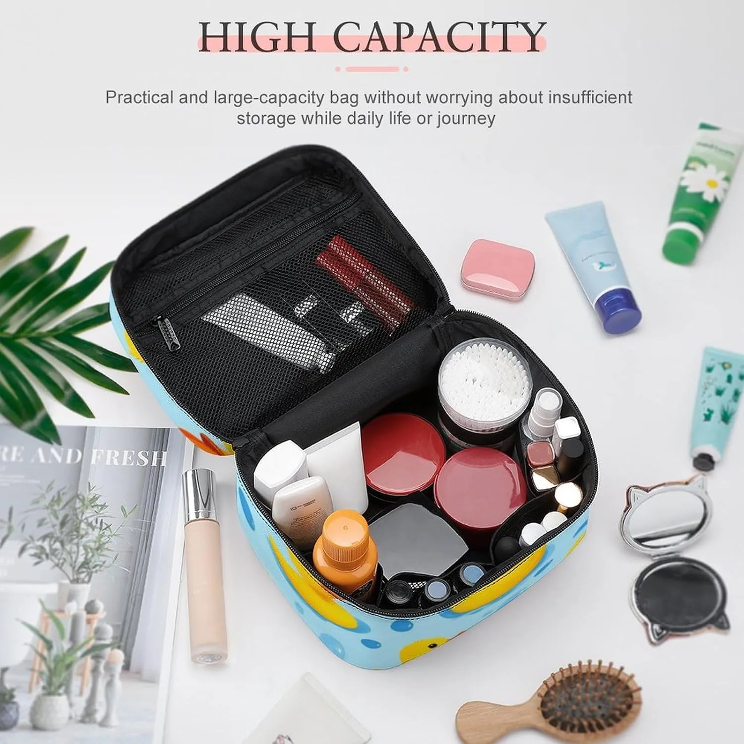 Portable Makeup Bag with Zipper Pouch, Yellow Rubber Ducks Bubbles Cosmetic Case Large Capacity Travel Makeup Case Organizer Toiletry Brushes Storage Bag