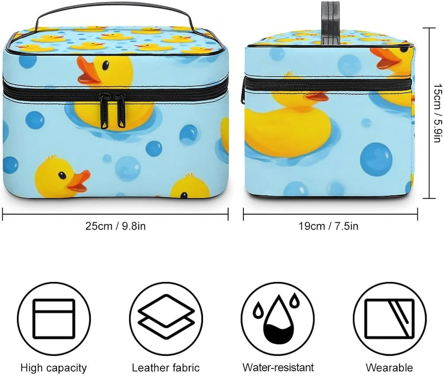 Portable Makeup Bag with Zipper Pouch, Yellow Rubber Ducks Bubbles Cosmetic Case Large Capacity Travel Makeup Case Organizer Toiletry Brushes Storage Bag