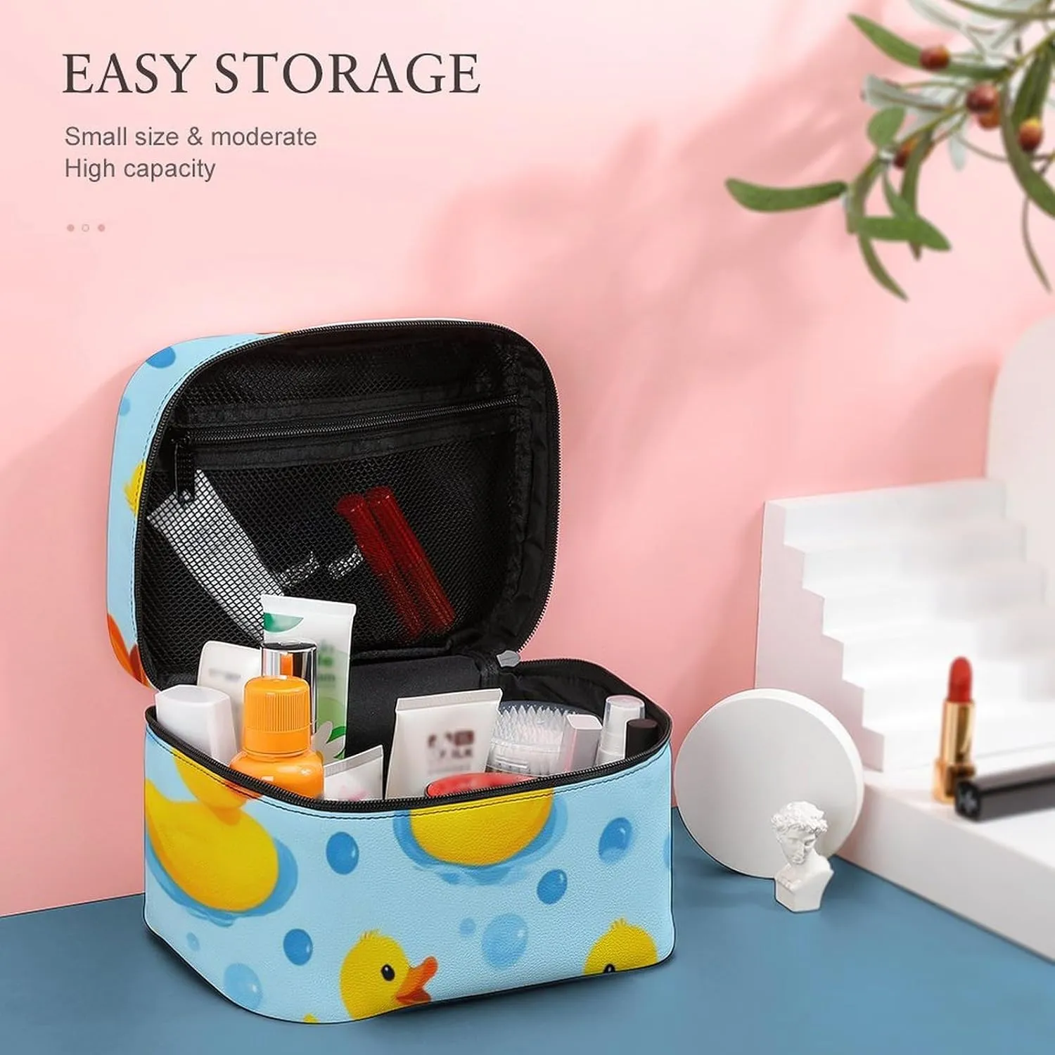 Portable Makeup Bag with Zipper Pouch, Yellow Rubber Ducks Bubbles Cosmetic Case Large Capacity Travel Makeup Case Organizer Toiletry Brushes Storage Bag