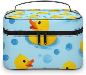 Portable Makeup Bag with Zipper Pouch, Yellow Rubber Ducks Bubbles Cosmetic Case Large Capacity Travel Makeup Case Organizer Toiletry Brushes Storage Bag
