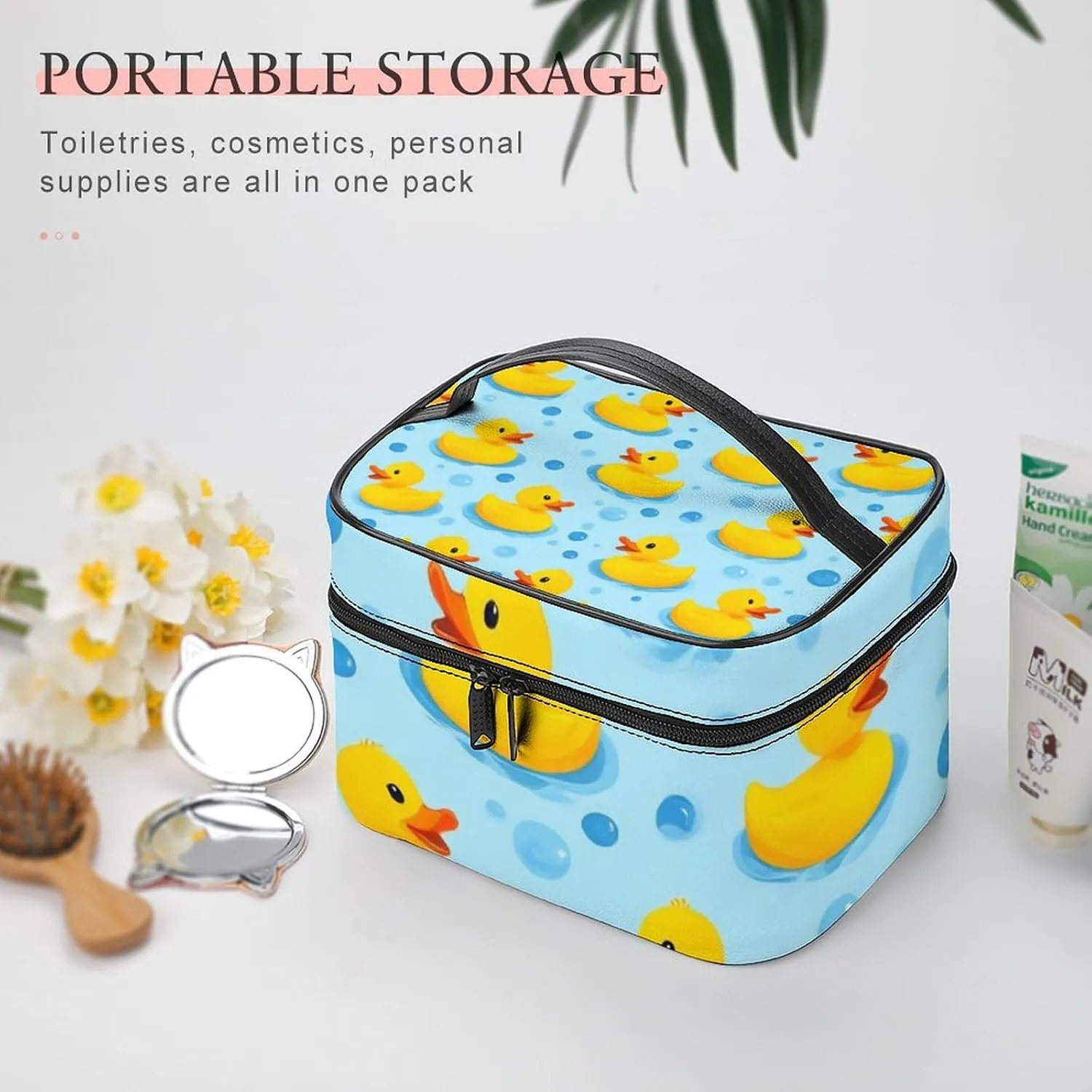 Portable Makeup Bag with Zipper Pouch, Yellow Rubber Ducks Bubbles Cosmetic Case Large Capacity Travel Makeup Case Organizer Toiletry Brushes Storage Bag