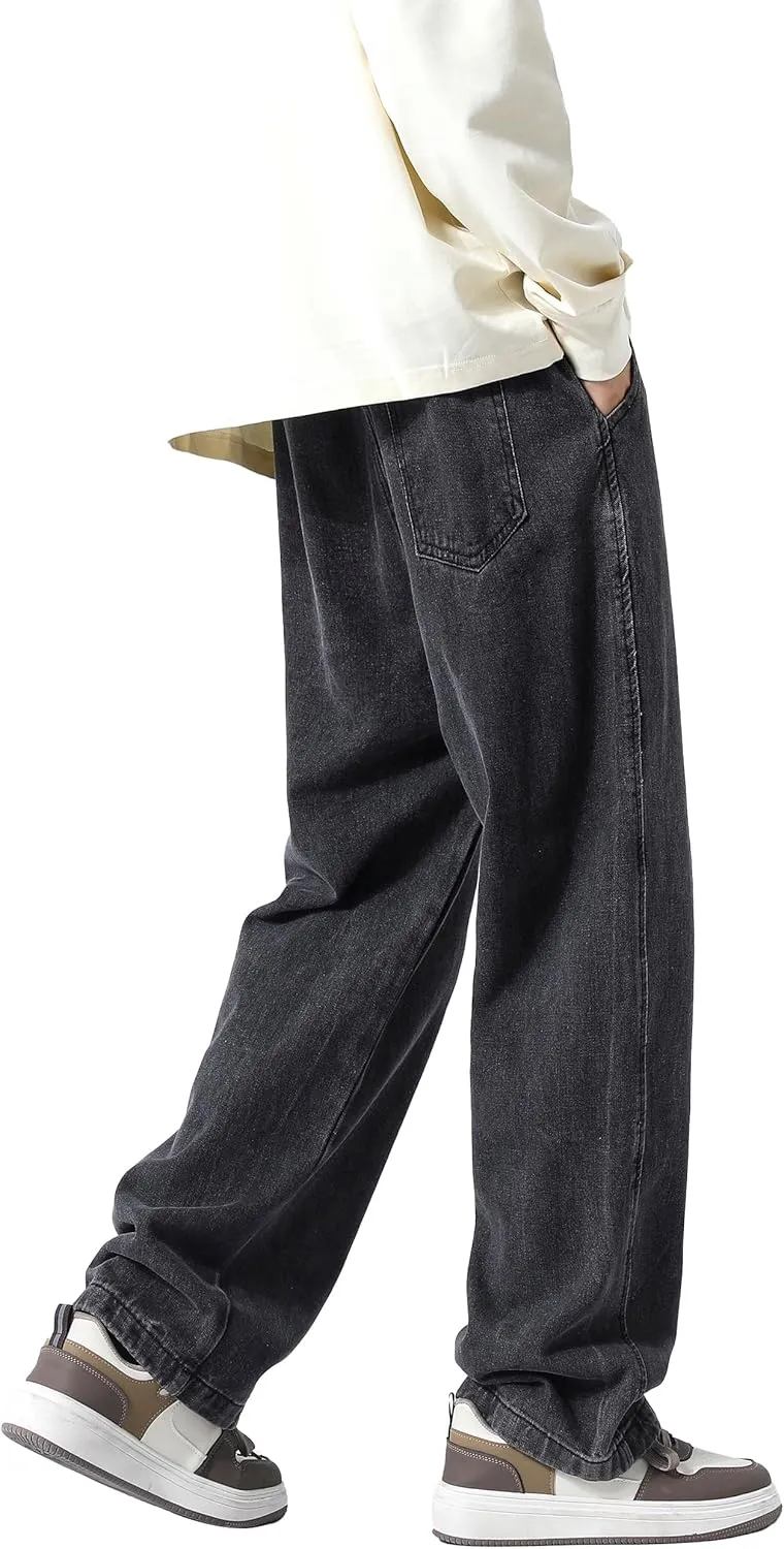 PRIJOUHE Mens Loose Fit Jeans Elastic Waist Wide Leg Baggy Jean Cargo Pants Trousers