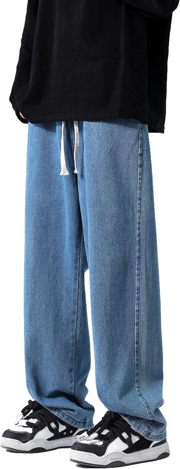 PRIJOUHE Mens Loose Fit Jeans Elastic Waist Wide Leg Baggy Jean Cargo Pants Trousers