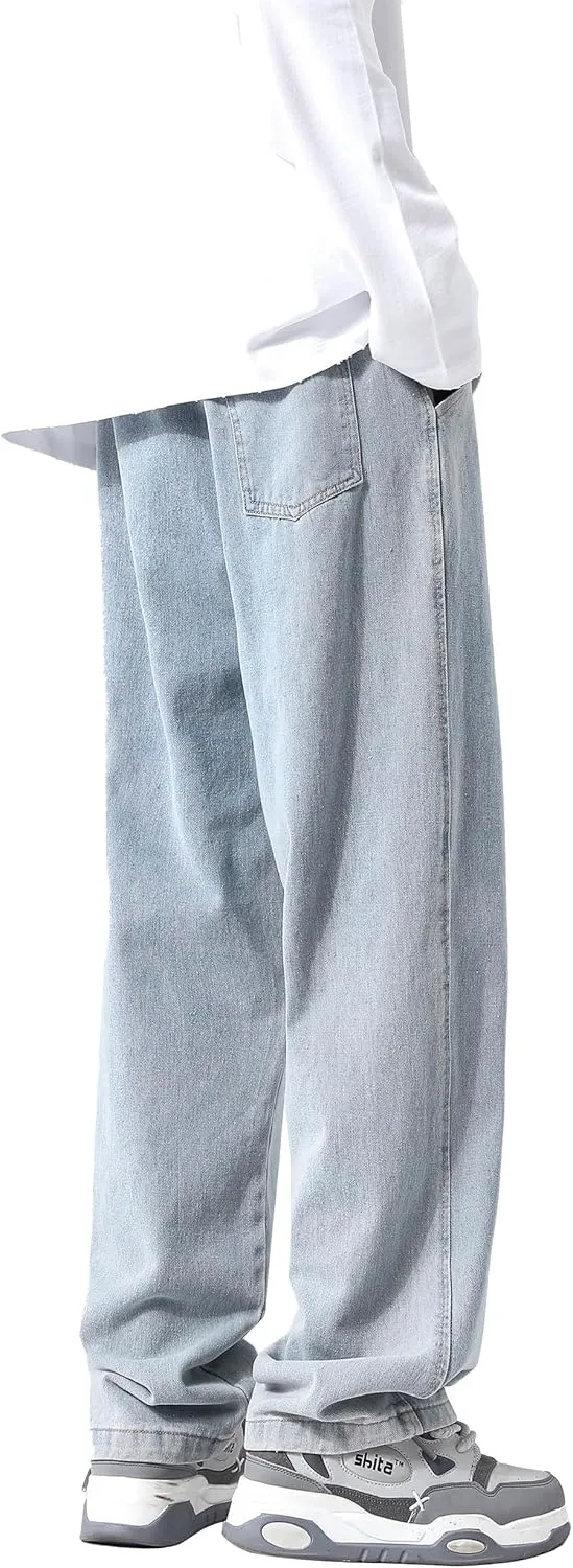 PRIJOUHE Mens Loose Fit Jeans Elastic Waist Wide Leg Baggy Jean Cargo Pants Trousers