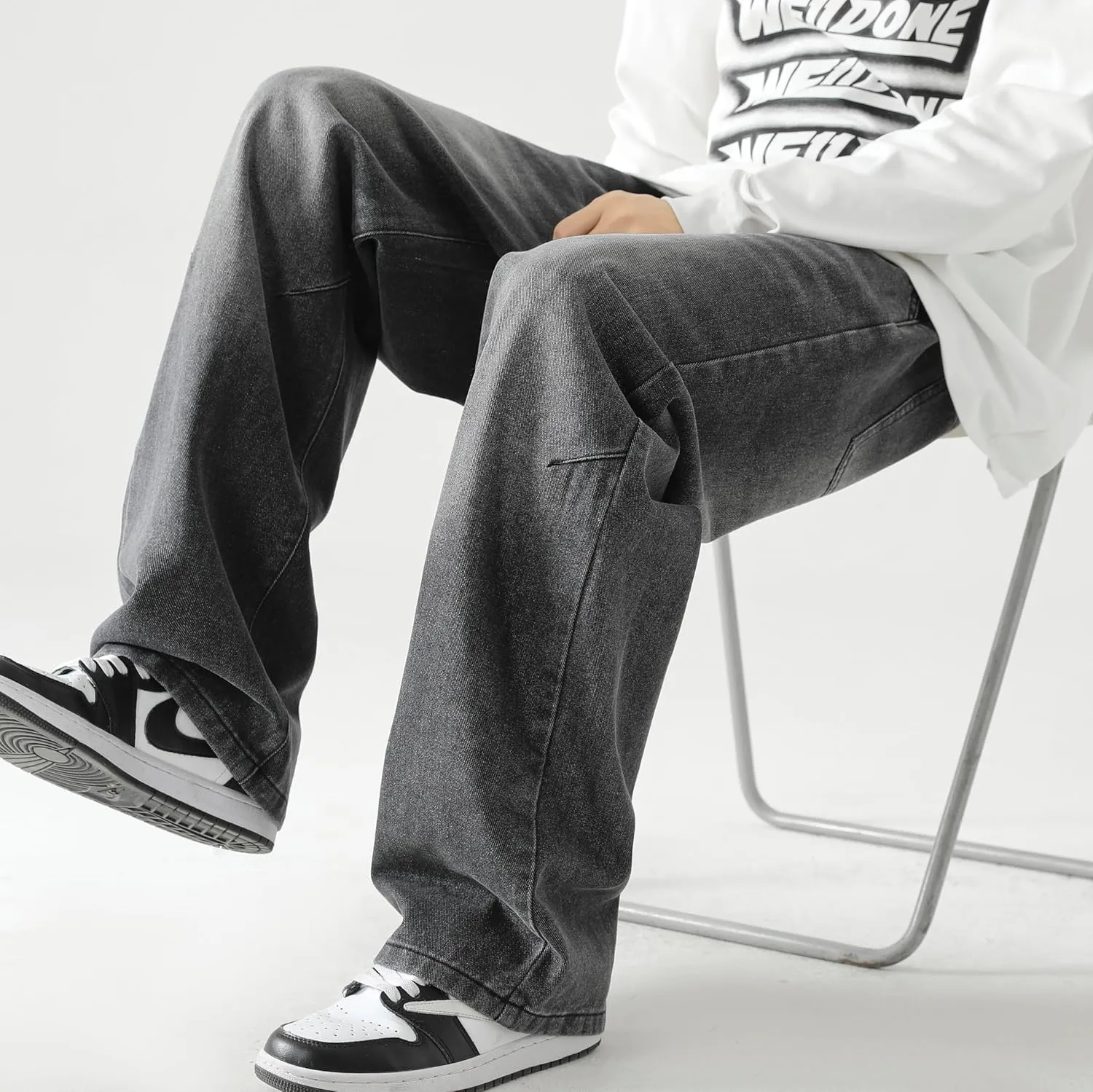 PRIJOUHE Mens Loose Fit Jeans Elastic Waist Wide Leg Baggy Jean Cargo Pants Trousers