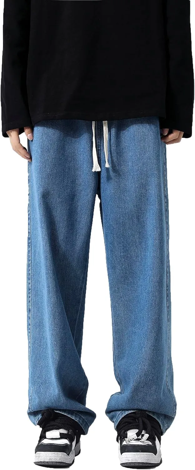 PRIJOUHE Mens Loose Fit Jeans Elastic Waist Wide Leg Baggy Jean Cargo Pants Trousers