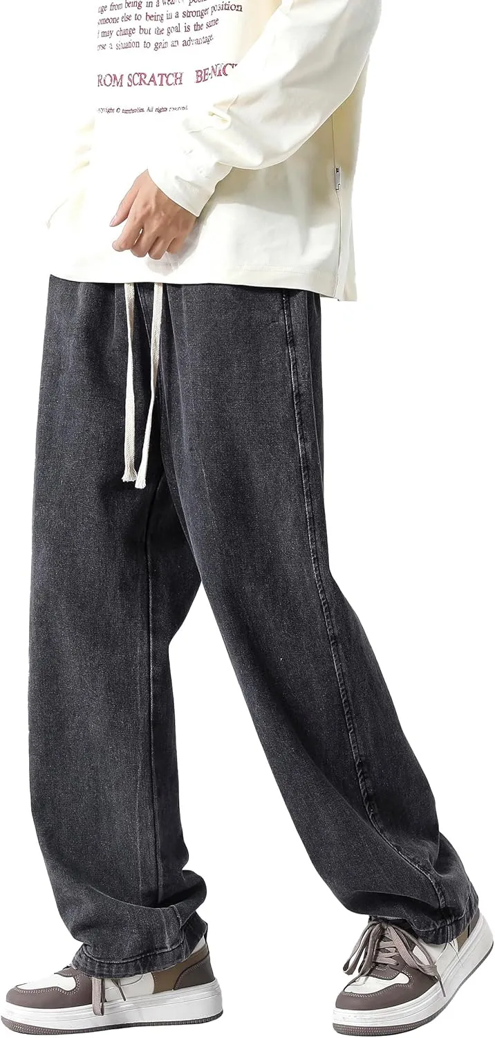 PRIJOUHE Mens Loose Fit Jeans Elastic Waist Wide Leg Baggy Jean Cargo Pants Trousers