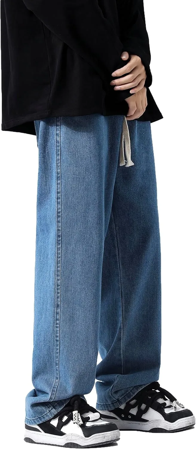 PRIJOUHE Mens Loose Fit Jeans Elastic Waist Wide Leg Baggy Jean Cargo Pants Trousers