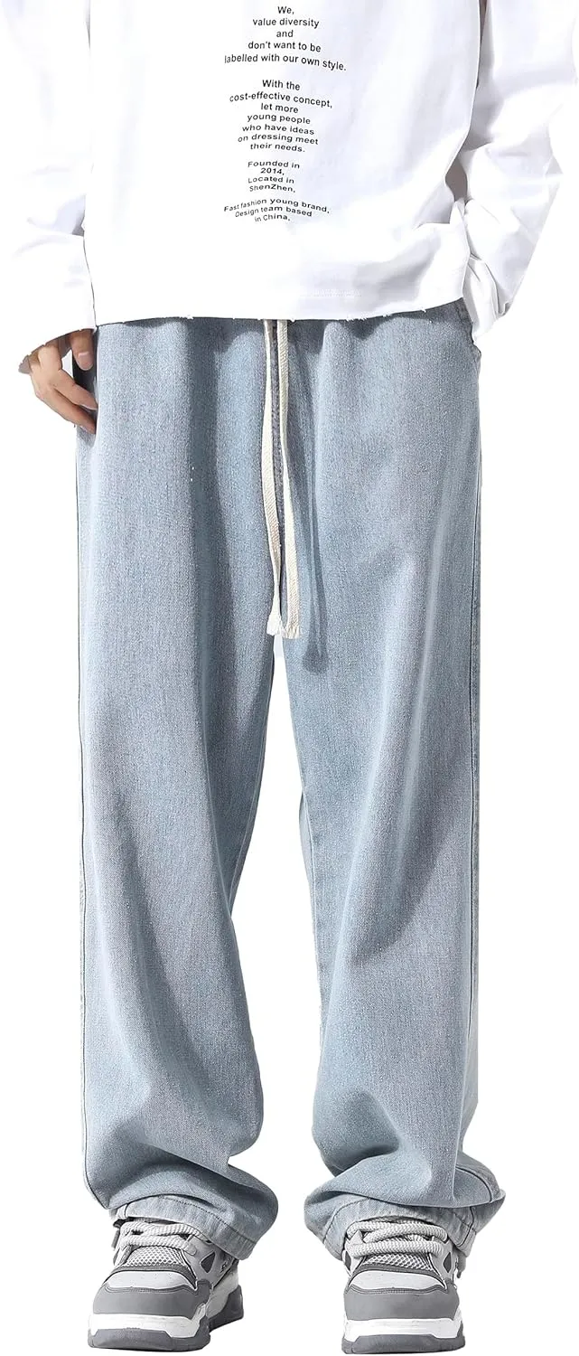 PRIJOUHE Mens Loose Fit Jeans Elastic Waist Wide Leg Baggy Jean Cargo Pants Trousers