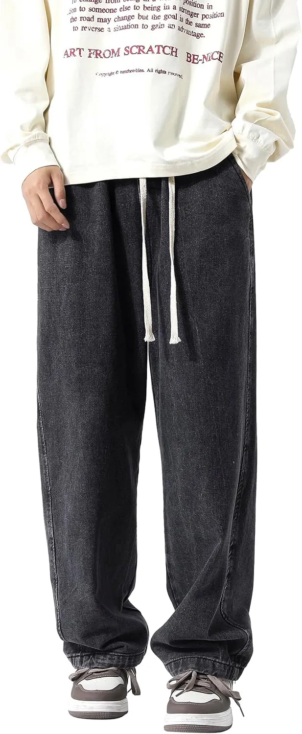 PRIJOUHE Mens Loose Fit Jeans Elastic Waist Wide Leg Baggy Jean Cargo Pants Trousers