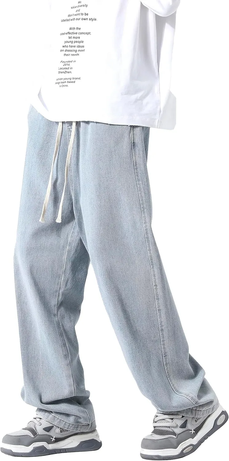 PRIJOUHE Mens Loose Fit Jeans Elastic Waist Wide Leg Baggy Jean Cargo Pants Trousers