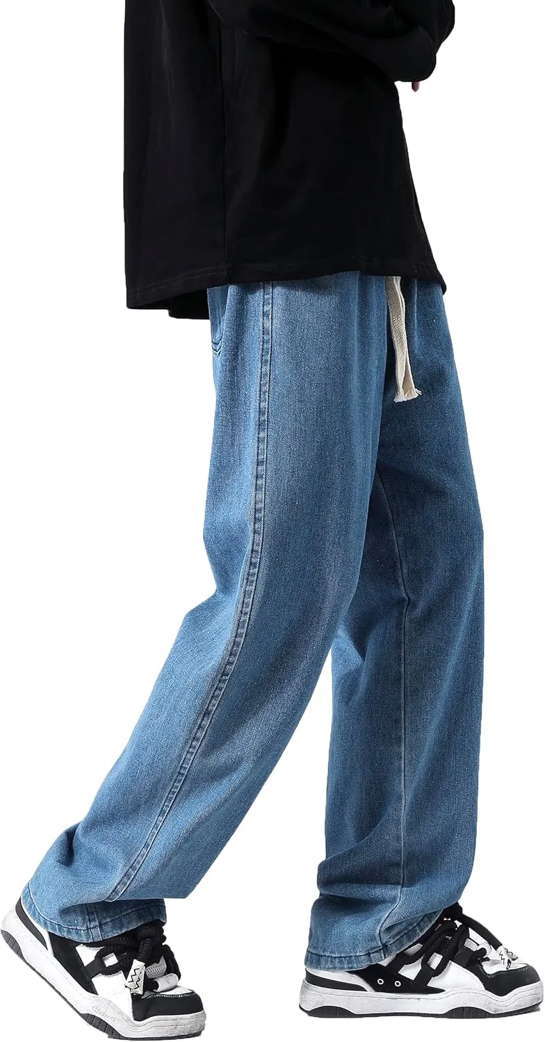 PRIJOUHE Mens Loose Fit Jeans Elastic Waist Wide Leg Baggy Jean Cargo Pants Trousers