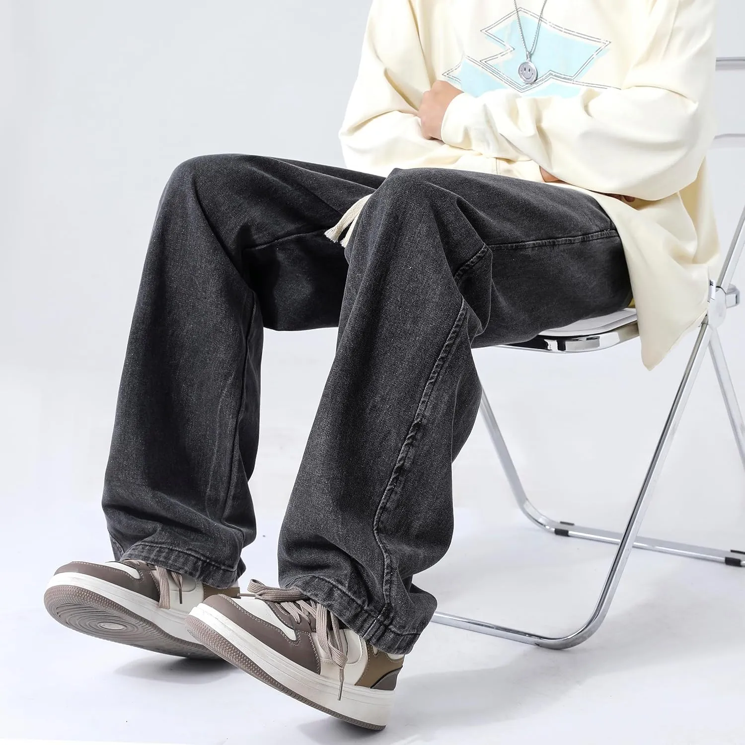 PRIJOUHE Mens Loose Fit Jeans Elastic Waist Wide Leg Baggy Jean Cargo Pants Trousers
