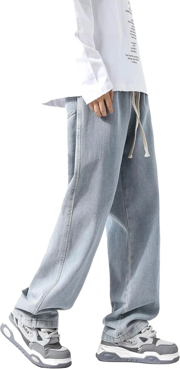 PRIJOUHE Mens Loose Fit Jeans Elastic Waist Wide Leg Baggy Jean Cargo Pants Trousers