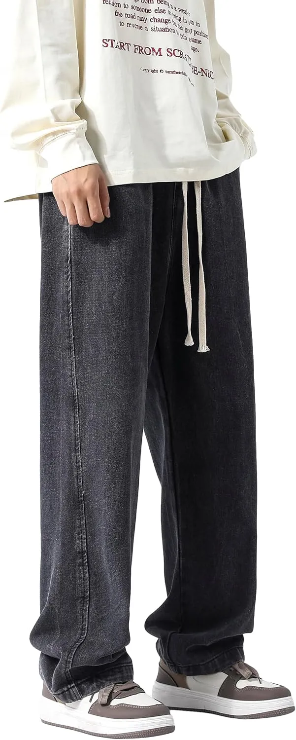 PRIJOUHE Mens Loose Fit Jeans Elastic Waist Wide Leg Baggy Jean Cargo Pants Trousers