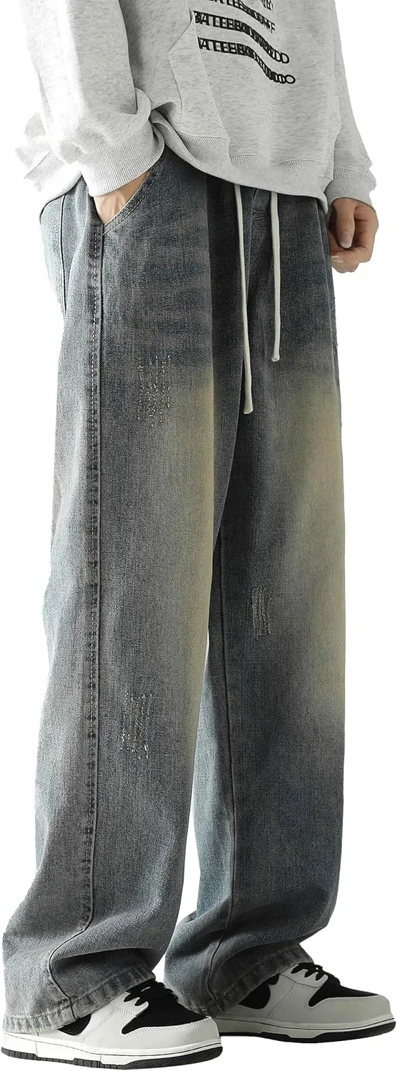 PRIJOUHE Mens Wide Leg Jeans Elastic Waist Baggy Jeans Casual Drawstring Denim Pants Trousers
