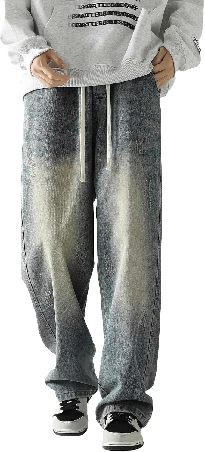 PRIJOUHE Mens Wide Leg Jeans Elastic Waist Baggy Jeans Casual Drawstring Denim Pants Trousers