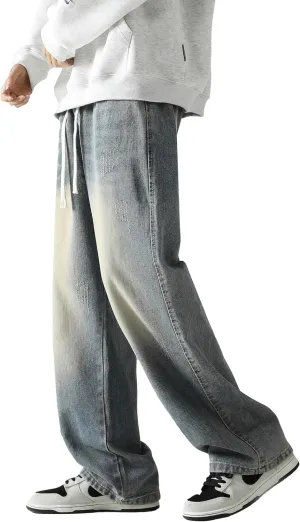 PRIJOUHE Mens Wide Leg Jeans Elastic Waist Baggy Jeans Casual Drawstring Denim Pants Trousers