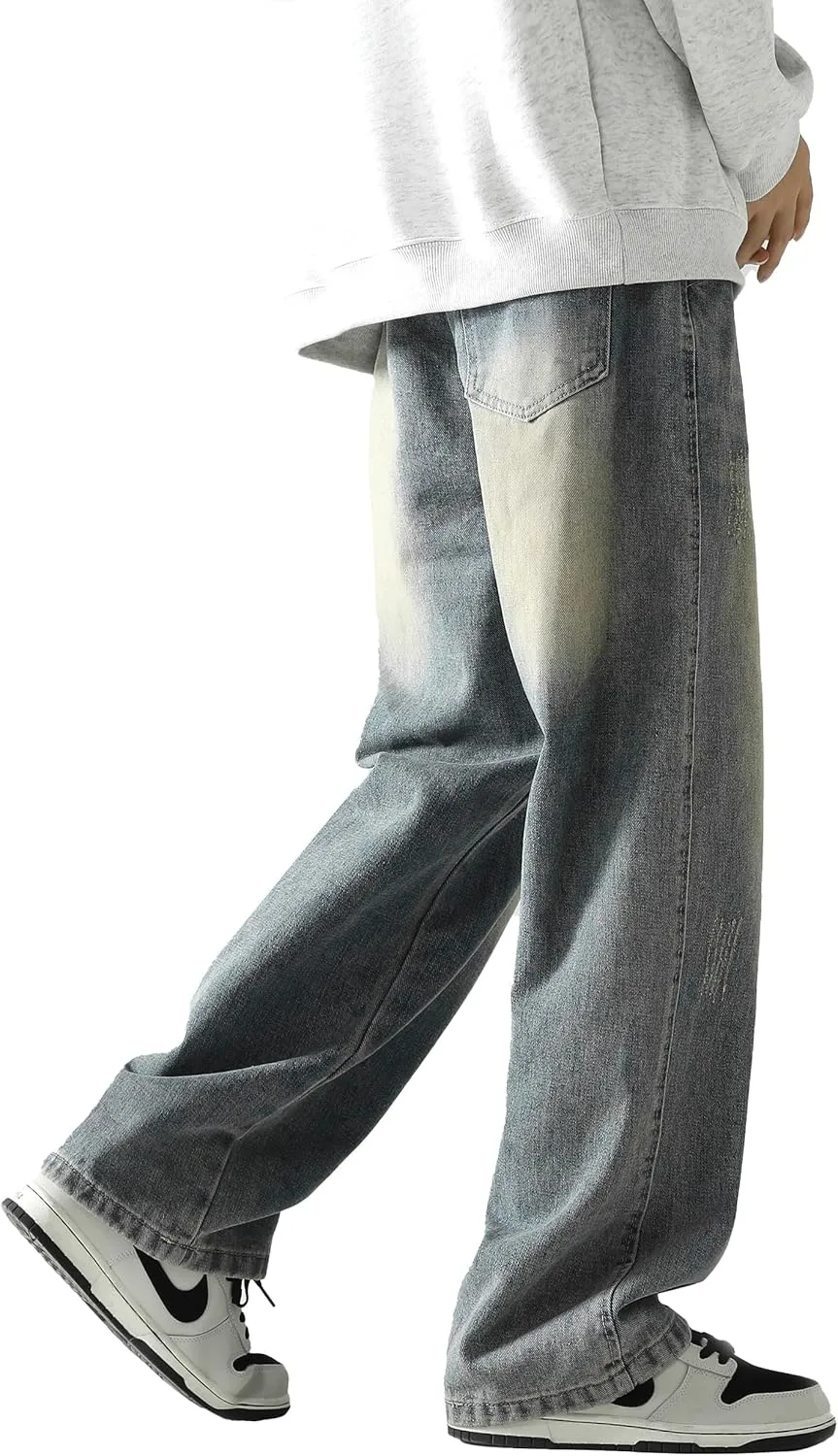 PRIJOUHE Mens Wide Leg Jeans Elastic Waist Baggy Jeans Casual Drawstring Denim Pants Trousers