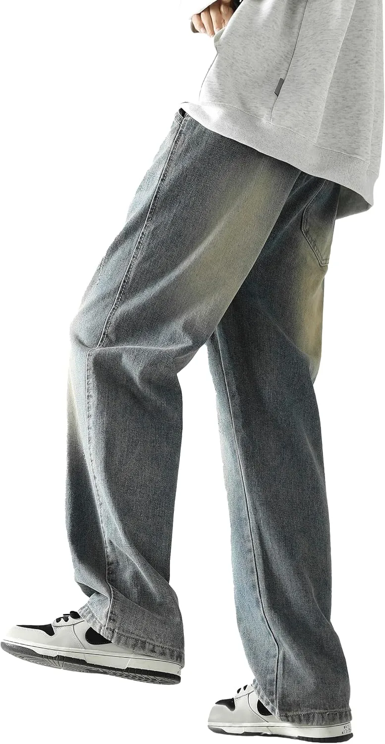 PRIJOUHE Mens Wide Leg Jeans Elastic Waist Baggy Jeans Casual Drawstring Denim Pants Trousers
