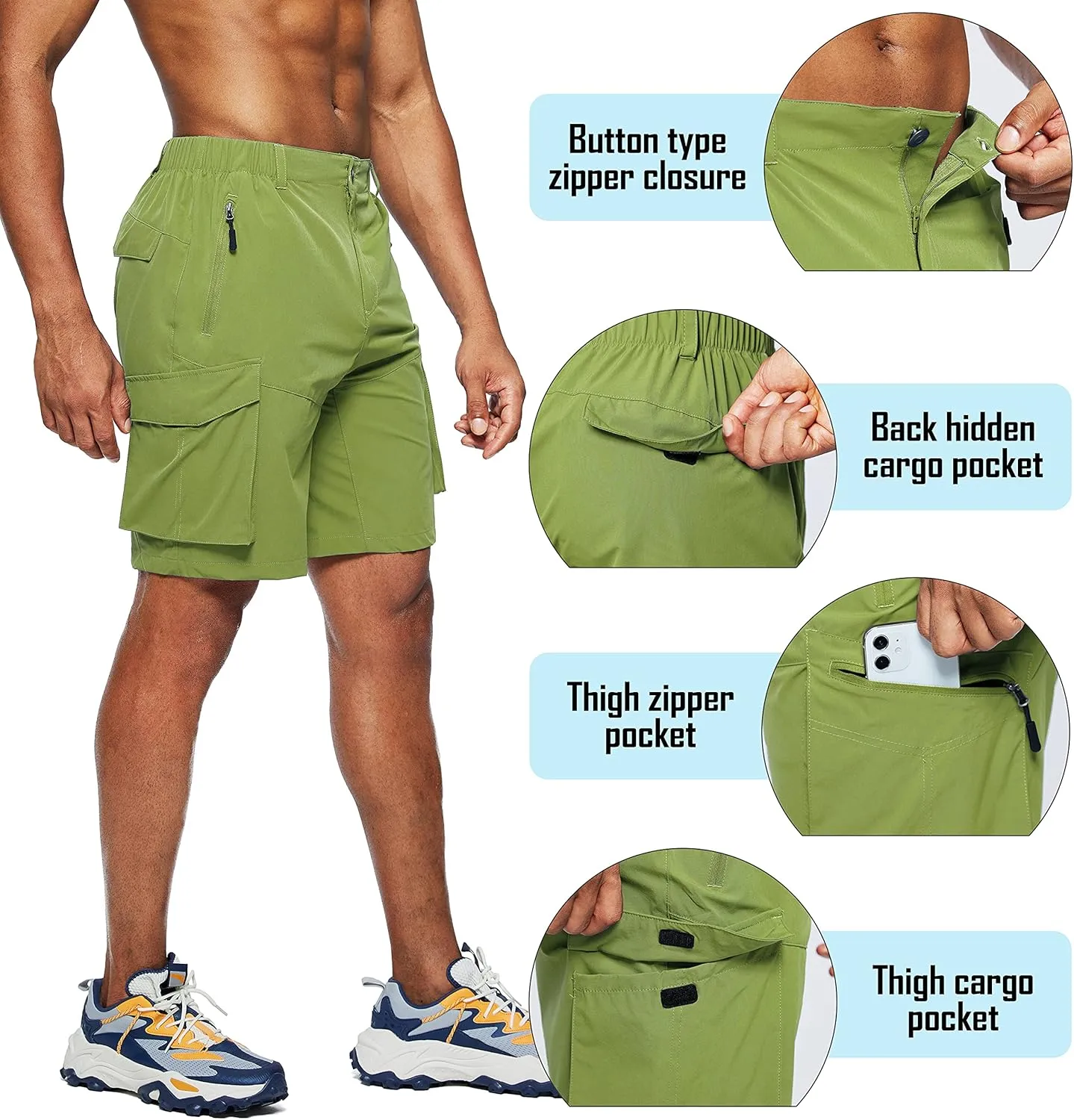 Pudolla Men's Hiking Cargo Shorts Quick Dry Outdoor Travel Shorts for Men with Multi Pocket for Fishing Camping Casual