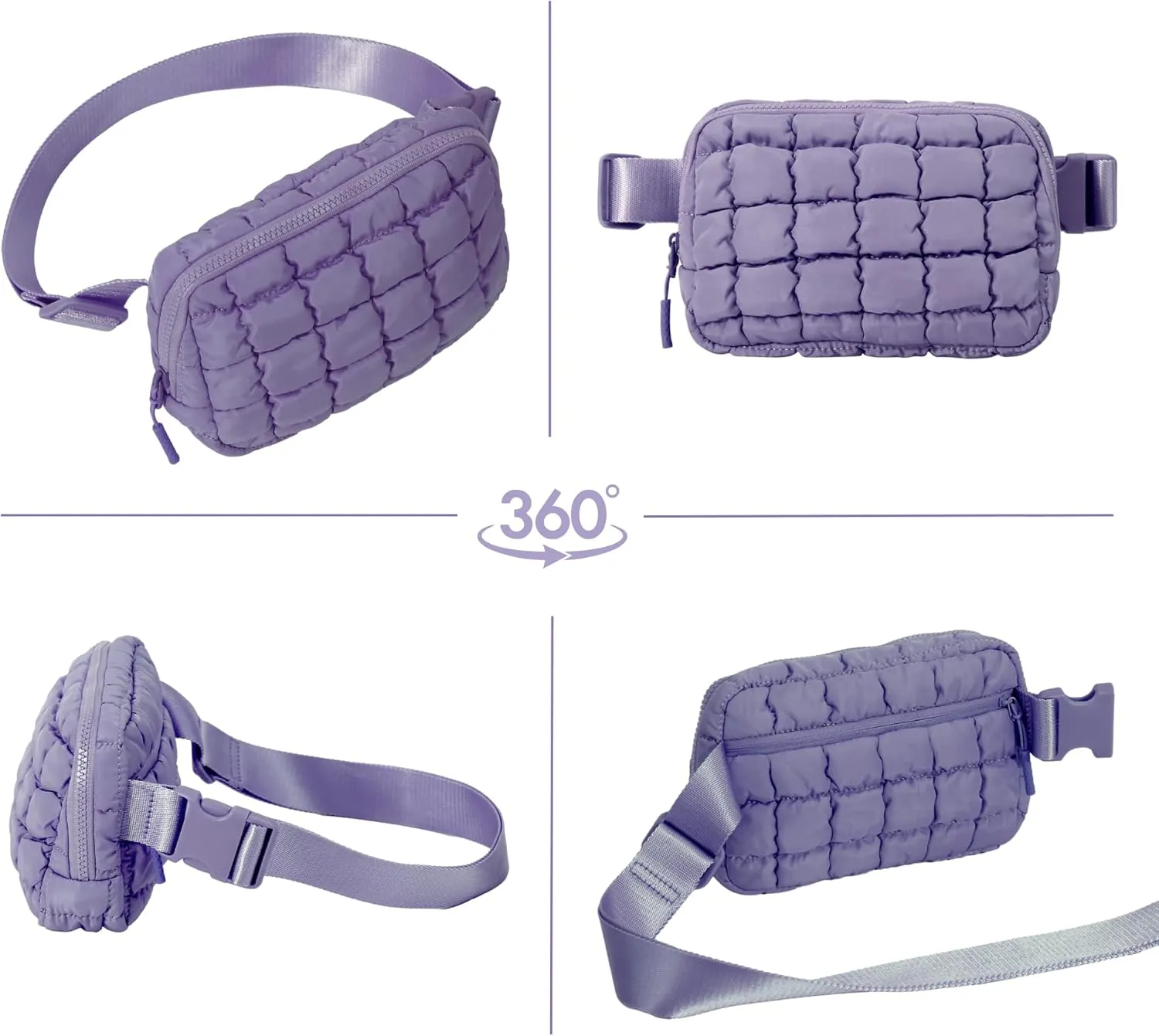 Puffer Crossbody Bag for Women – Plus Size Friendly Belt Bag – Quilted Fanny Pack w/Extender – Extra Long Strap 75" Fits XS-12X – Mini Puffer Bag for Travel Gym Trending Gift for Women (Cloud violet)