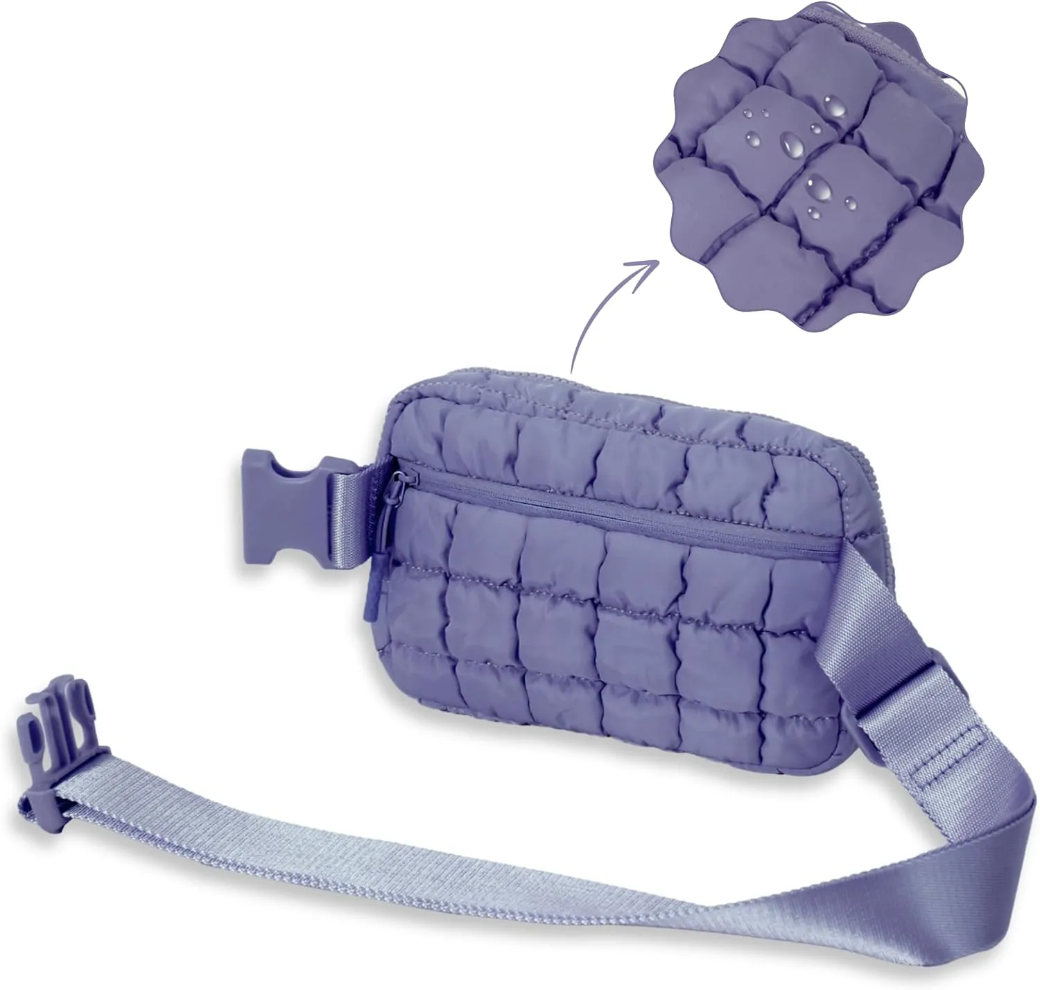 Puffer Crossbody Bag for Women – Plus Size Friendly Belt Bag – Quilted Fanny Pack w/Extender – Extra Long Strap 75" Fits XS-12X – Mini Puffer Bag for Travel Gym Trending Gift for Women (Cloud violet)
