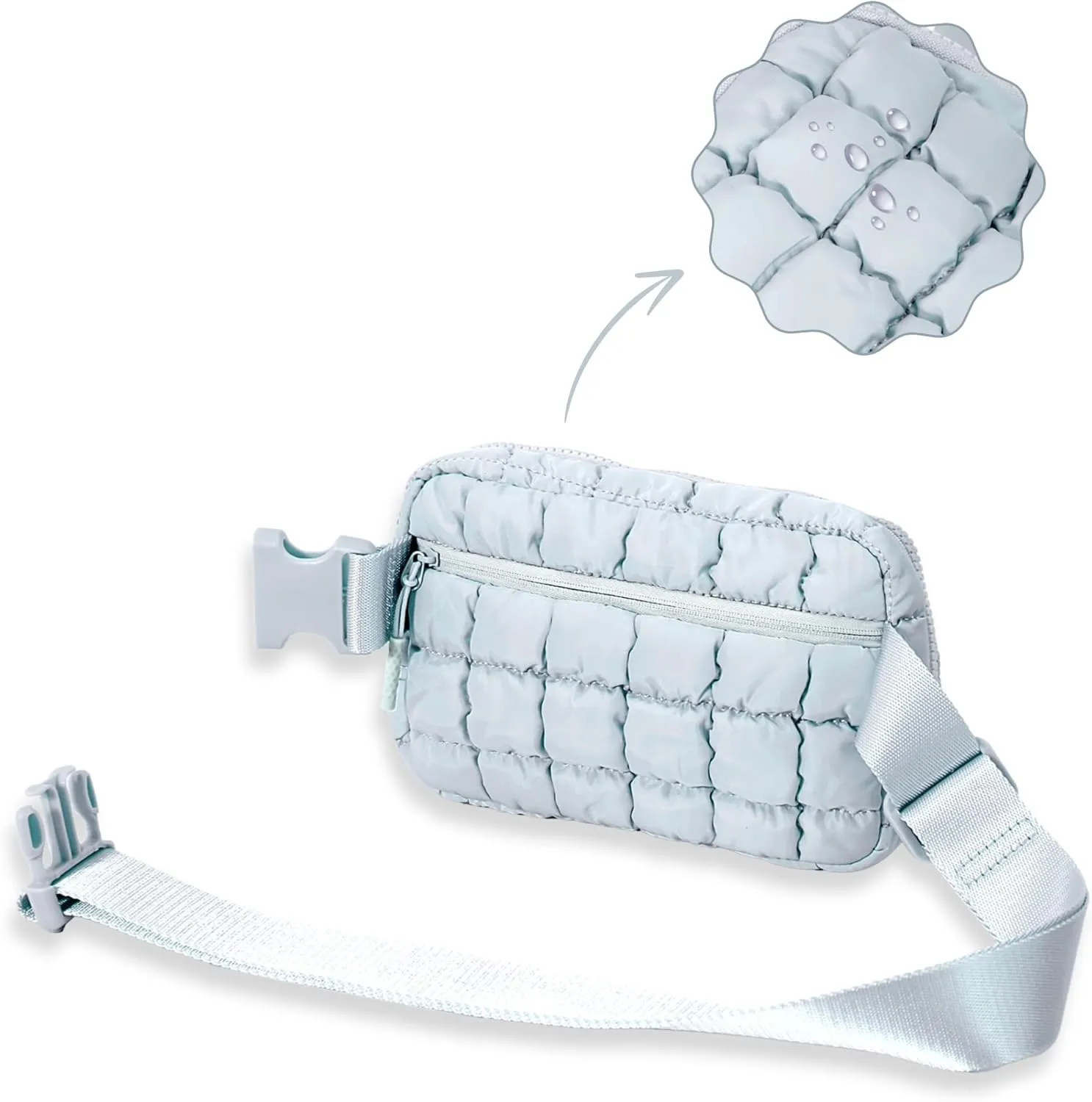 Puffer Crossbody Bag for Women – Plus Size Friendly Belt Bag – Quilted Fanny Pack w/Extender – Extra Long Strap 75" Fits XS-12X – Mini Puffer Bag for Travel Gym Trending Gift for Women (Light grey)