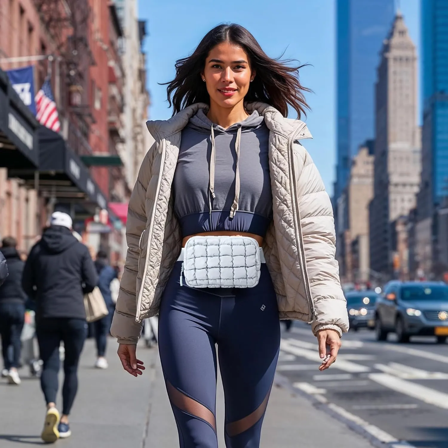 Puffer Crossbody Bag for Women – Plus Size Friendly Belt Bag – Quilted Fanny Pack w/Extender – Extra Long Strap 75" Fits XS-12X – Mini Puffer Bag for Travel Gym Trending Gift for Women (Light grey)
