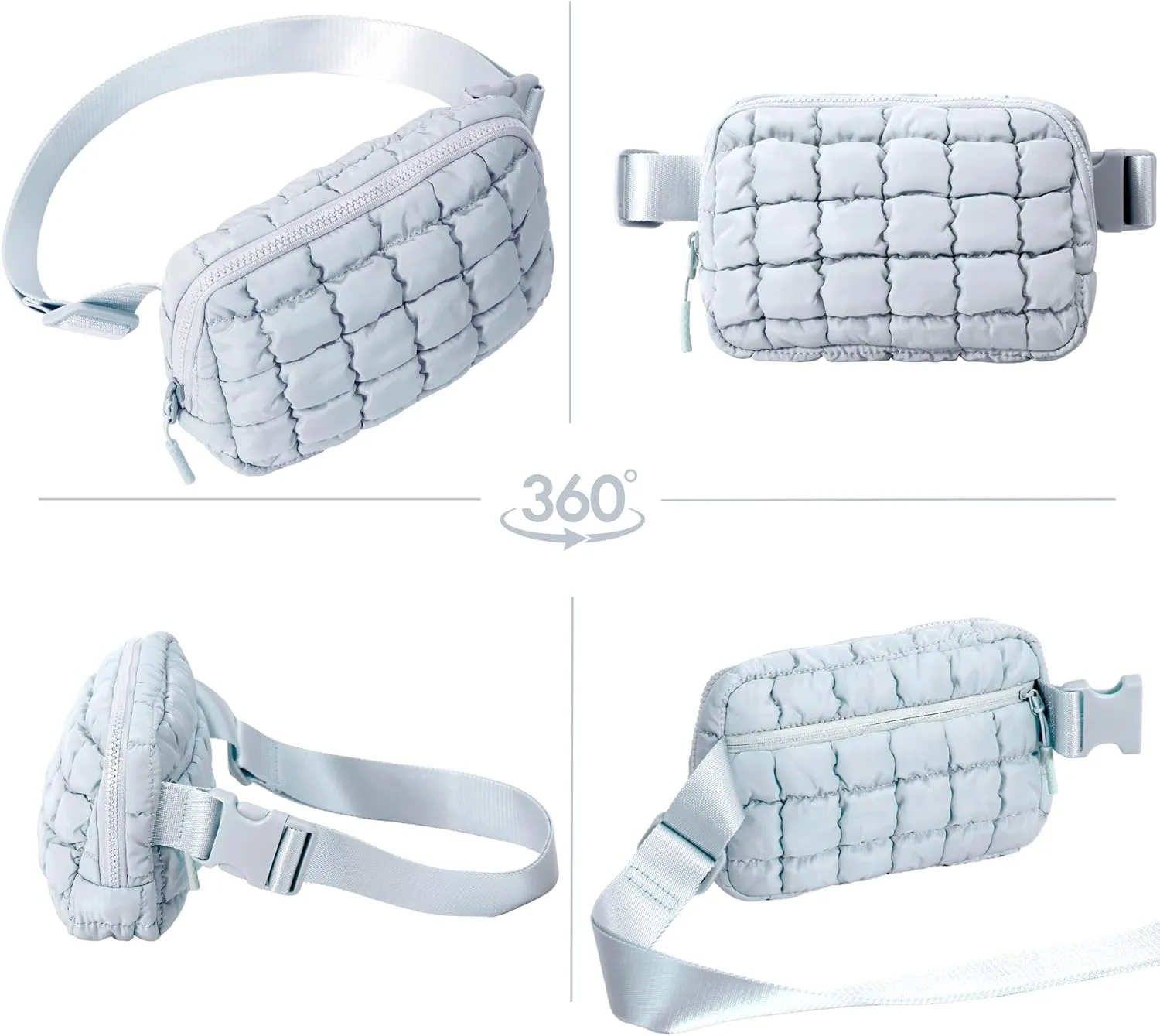 Puffer Crossbody Bag for Women – Plus Size Friendly Belt Bag – Quilted Fanny Pack w/Extender – Extra Long Strap 75" Fits XS-12X – Mini Puffer Bag for Travel Gym Trending Gift for Women (Light grey)
