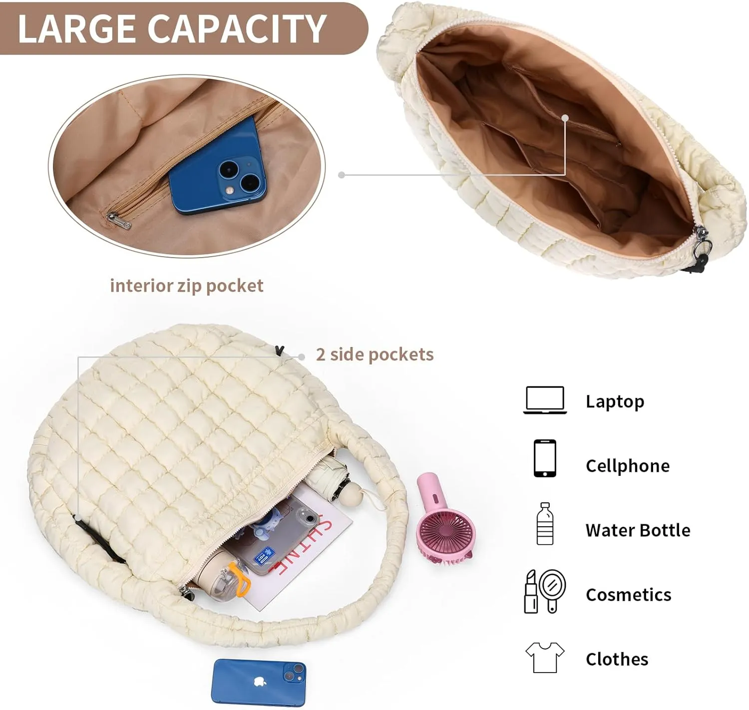 Puffer Tote Bag for Women - Large Quilted Crossbody Handbag - Lightweight Shoulder Hobo Bag - Soft Puffy Carryall