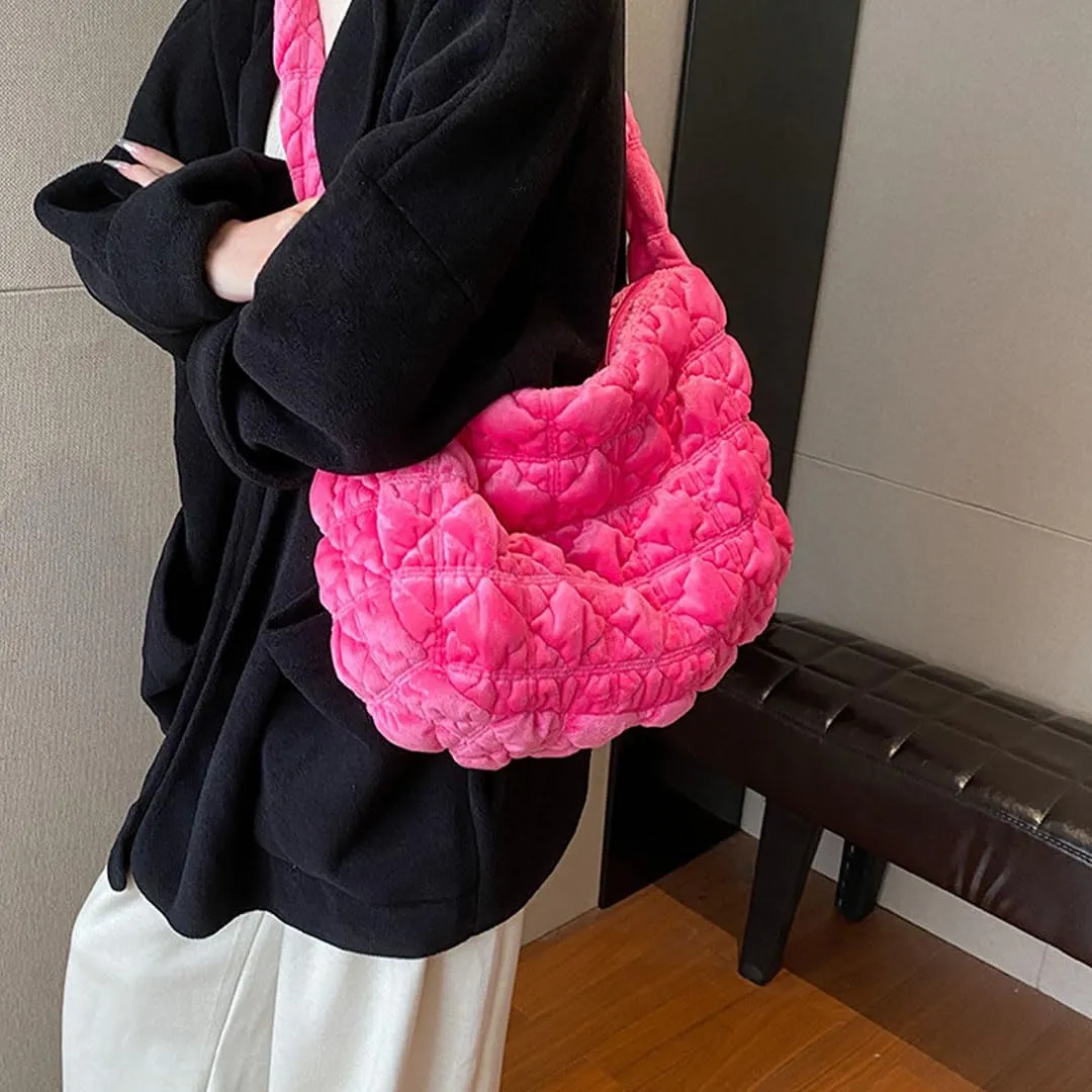 Puffer Tote Bag for Women Quilted Crossbody Bag Puff Shoulder Bag Puffy Purse Lightweight Velvet Bubble Hobo Handbag