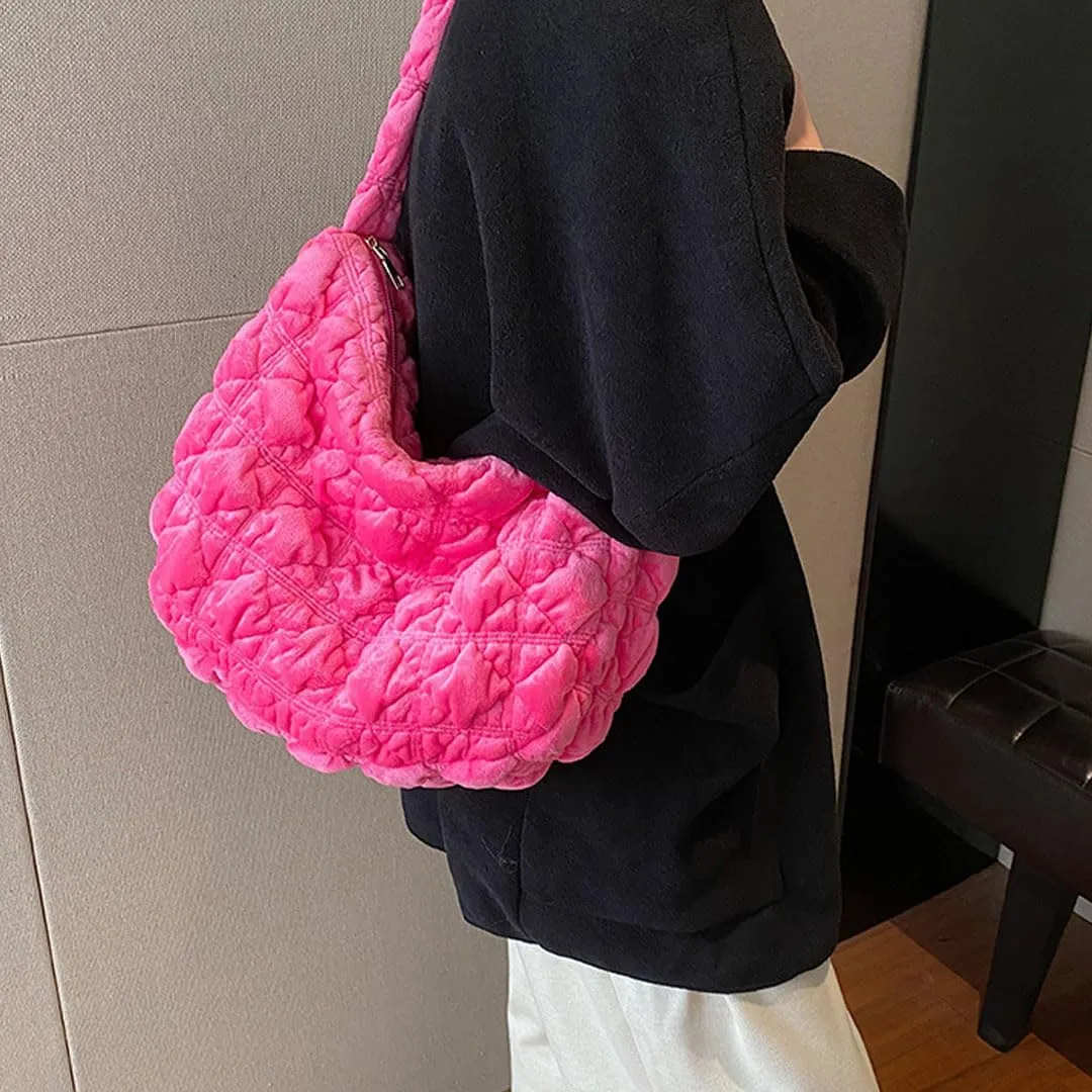 Puffer Tote Bag for Women Quilted Crossbody Bag Puff Shoulder Bag Puffy Purse Lightweight Velvet Bubble Hobo Handbag