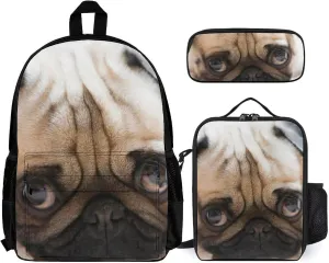 Pug Expression Casual Backpack Set 3-in-1 Lunch Bag Cute Pencil Case Bag Travel Unisex