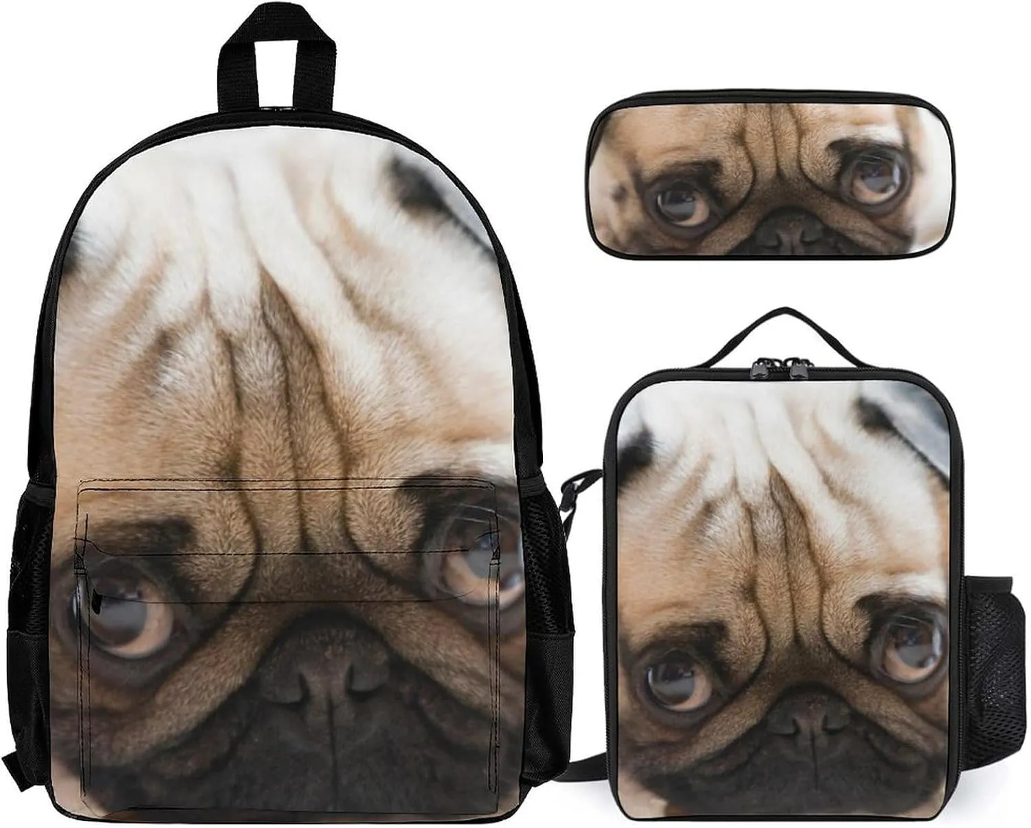 Pug Expression Casual Backpack Set 3-in-1 Lunch Bag Cute Pencil Case Bag Travel Unisex
