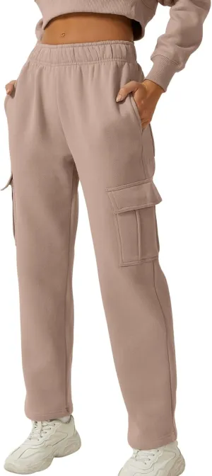 QINSEN Womens Medium Waist Baggy Elastic Waist Sweatpants Casual Fleece Long Pants with Pockets