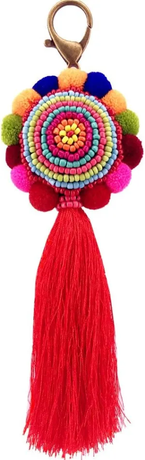 QTMY Big Pom Pom Beaded Tassel Boho Long Bag Pendant Charm Keyring Keychain for Women Purse Handbag Decor (1)