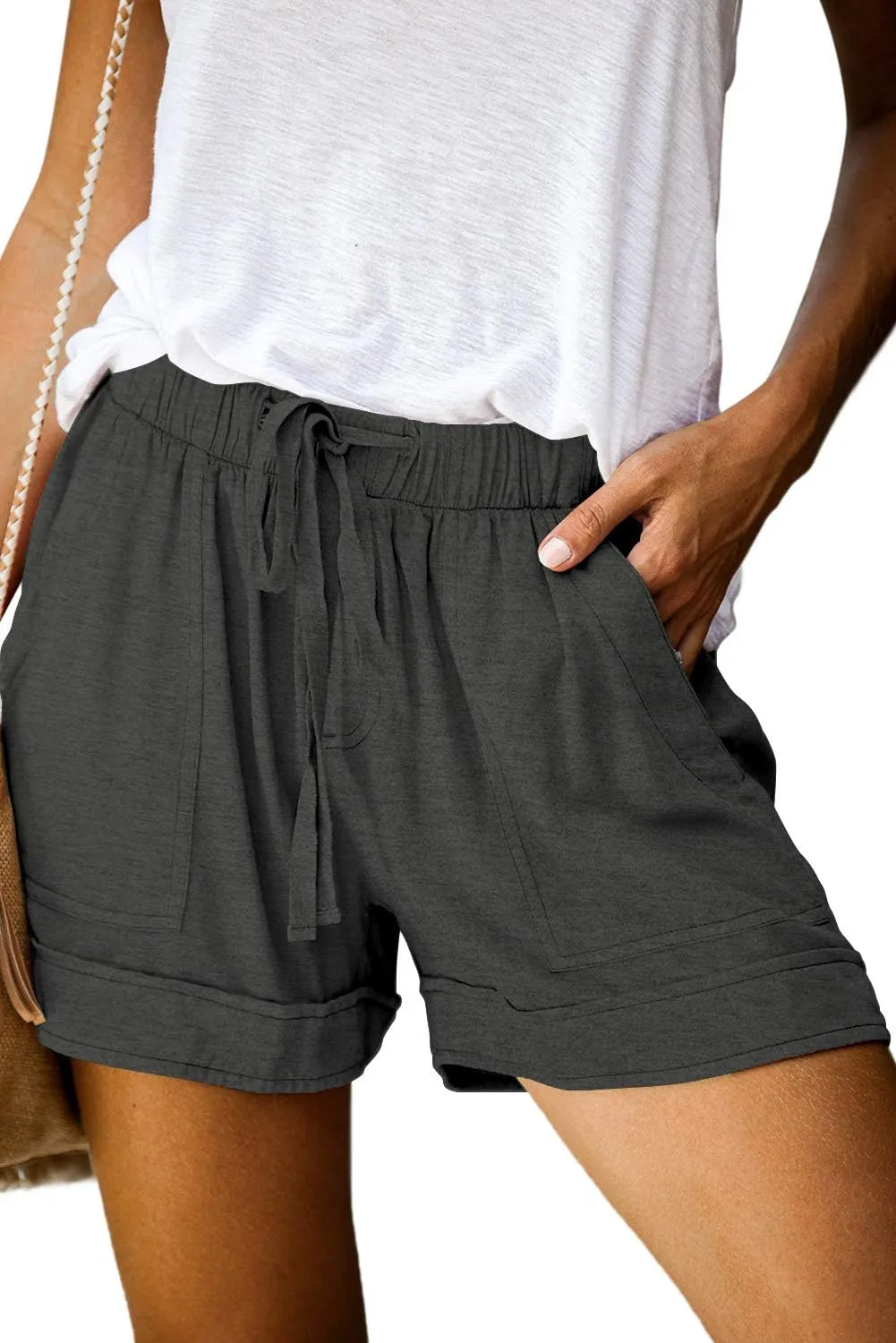 QUEEN PLUS Womens Casual Shorts Comfy Elastic Waist Drawstring Pocket Shorts Pants