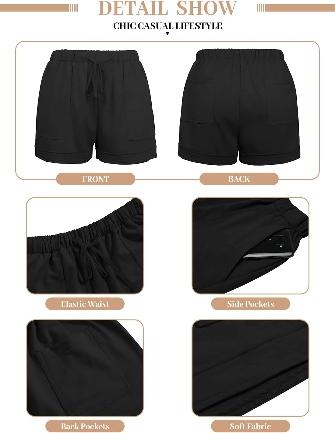 QUEEN PLUS Womens Casual Shorts Comfy Elastic Waist Drawstring Pocket Shorts Pants
