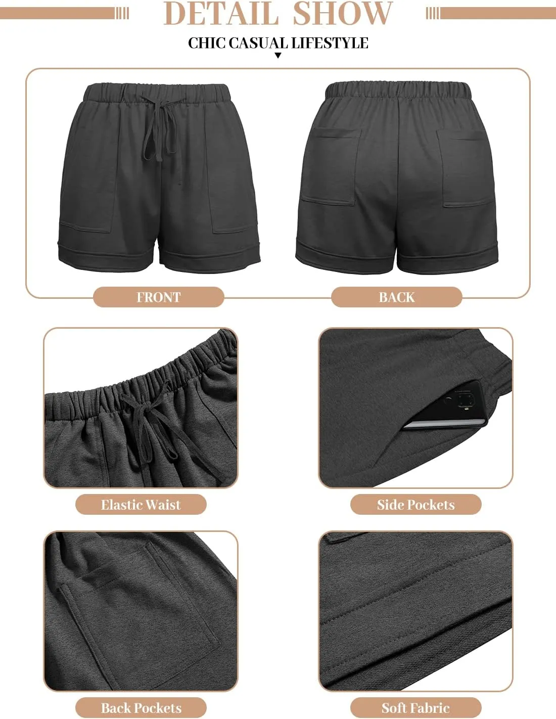 QUEEN PLUS Womens Casual Shorts Comfy Elastic Waist Drawstring Pocket Shorts Pants