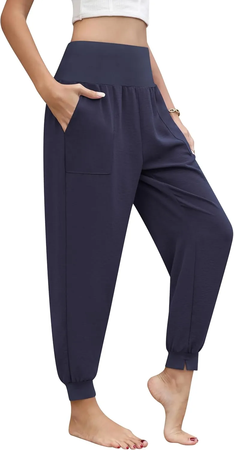 QUEZHU Women High Waist Joggers Palazzo Pants Fall Elastic Waist Casual Lounge Pants with Pockets